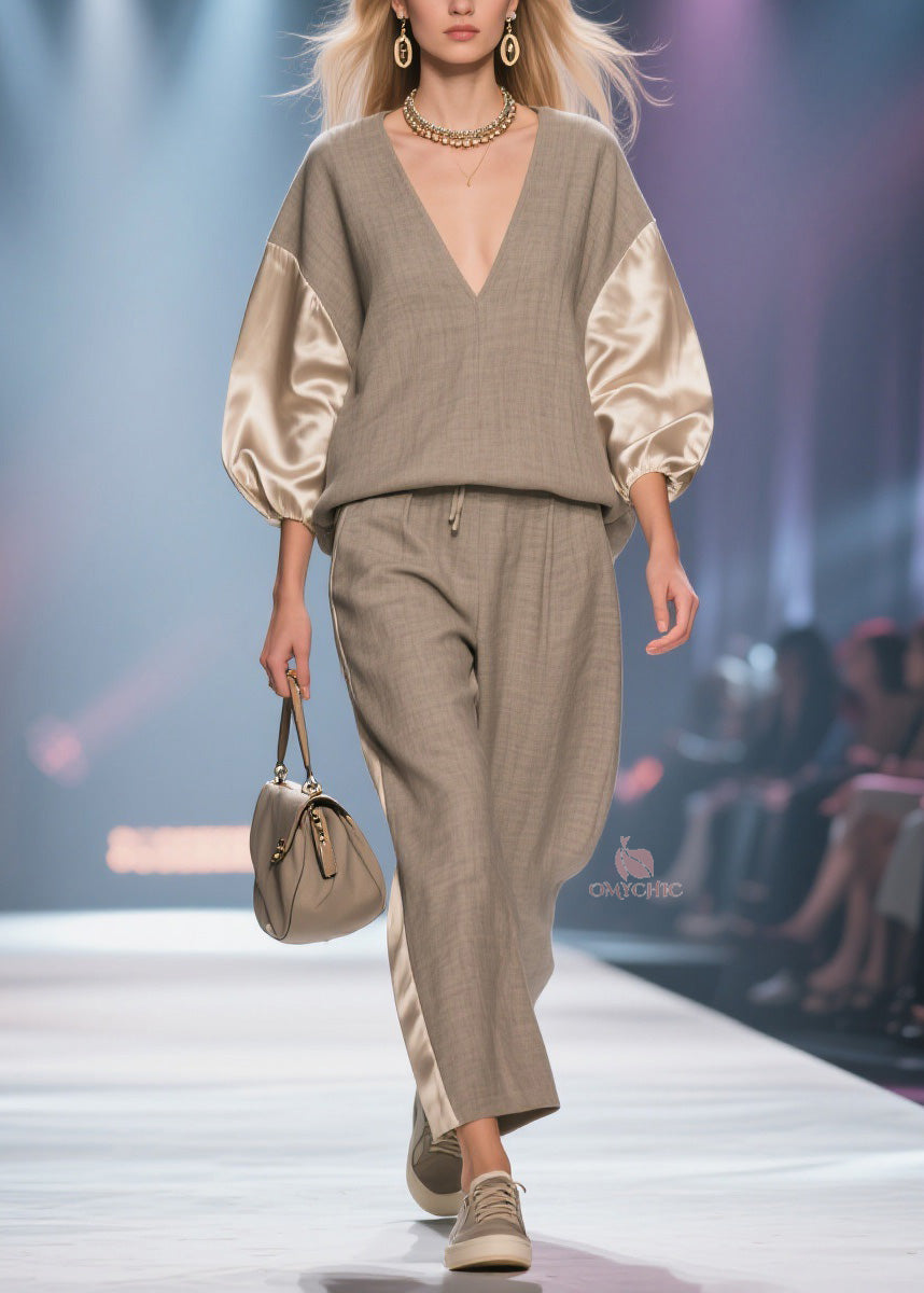 Plus Size V Neck Patchwork Linen Silk Two Pieces Set Spring