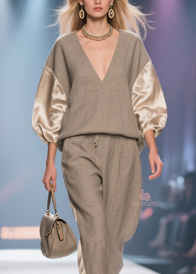 Plus Size V Neck Patchwork Linen Silk Two Pieces Set Spring