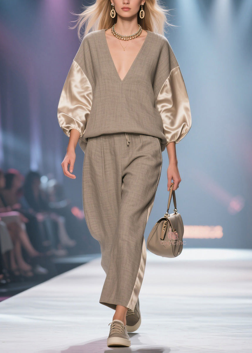 Plus Size V Neck Patchwork Linen Silk Two Pieces Set Spring