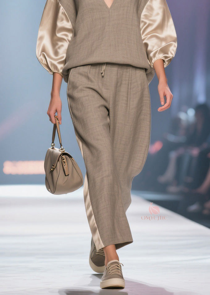 Plus Size V Neck Patchwork Linen Silk Two Pieces Set Spring