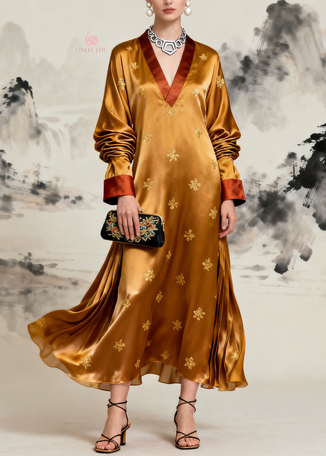Plus Size V Neck Patchwork Silk Maxi Dresses Summer