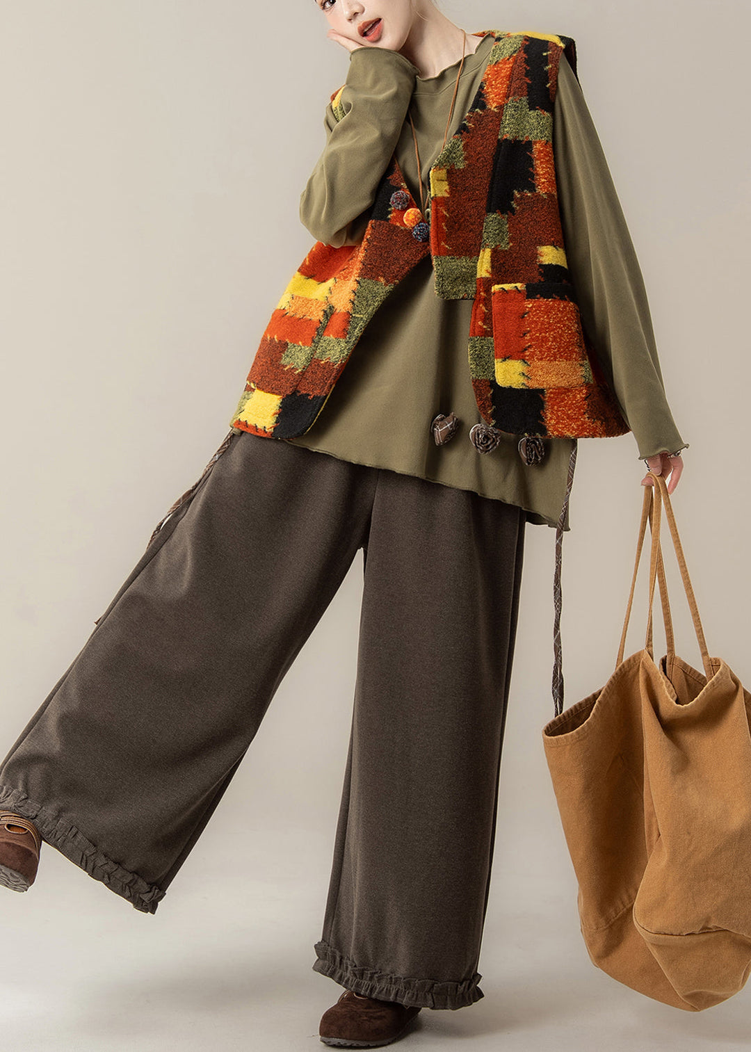 Plus Size V Neck Patchwork Waistcoat ,Top And Pants Three Pieces Set Fall