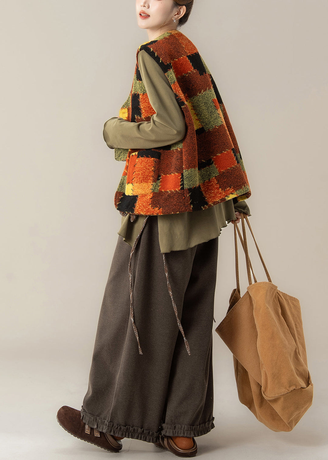 Plus Size V Neck Patchwork Waistcoat ,Top And Pants Three Pieces Set Fall