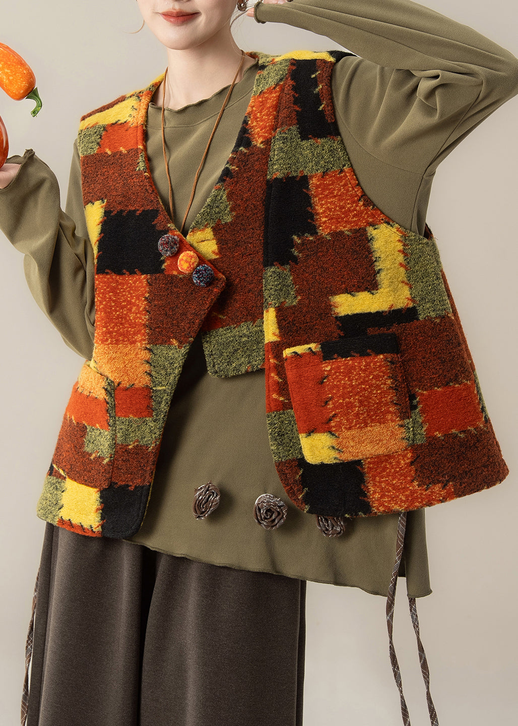 Plus Size V Neck Patchwork Waistcoat ,Top And Pants Three Pieces Set Fall