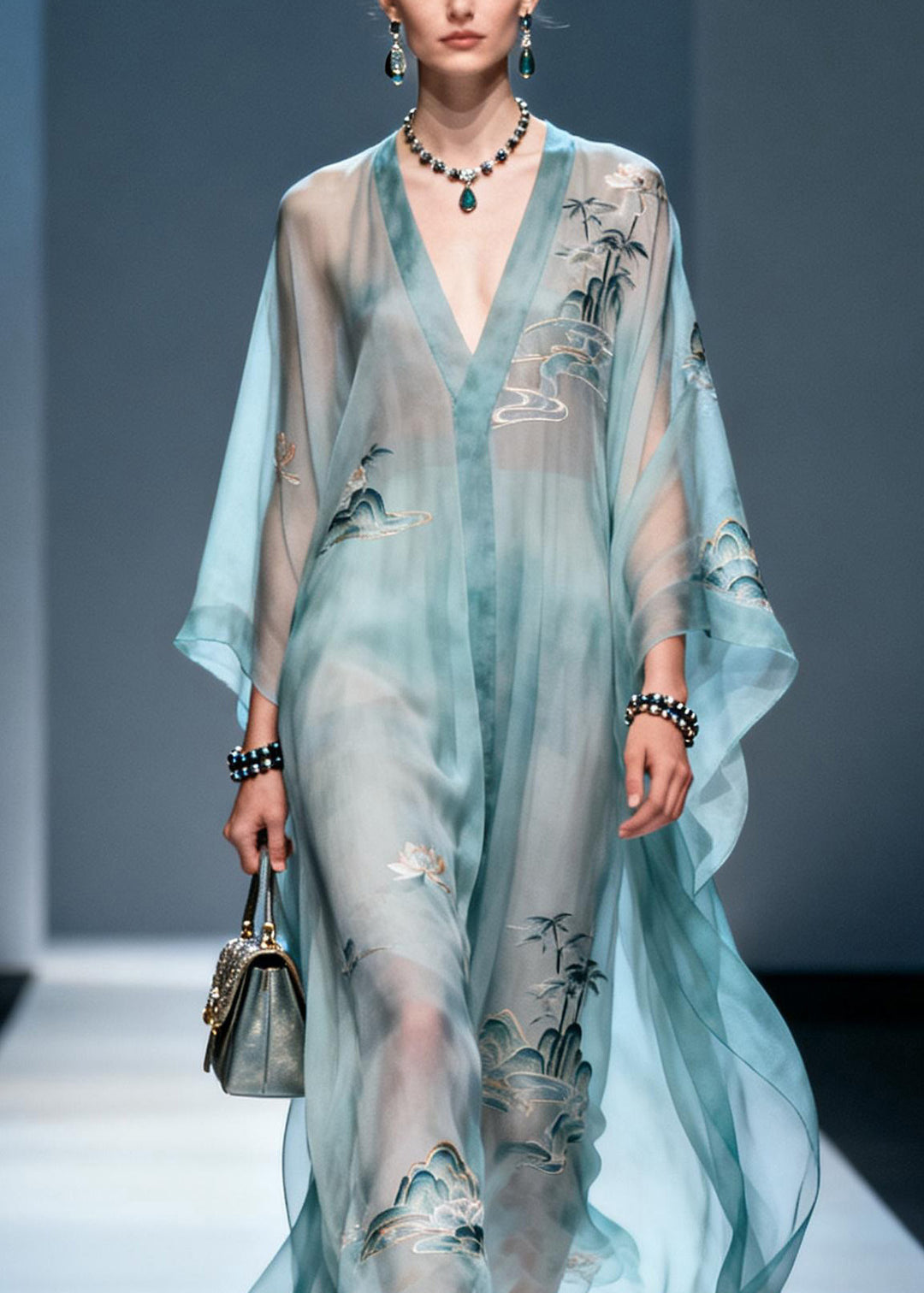 Plus Size V Neck Print Chiffon Long Dress Summer