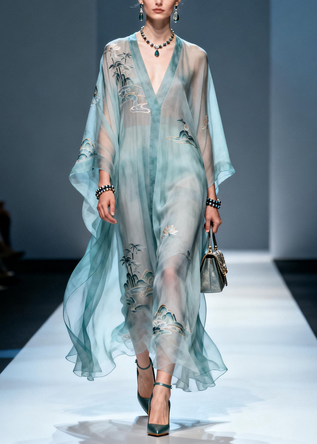 Plus Size V Neck Print Chiffon Long Dress Summer