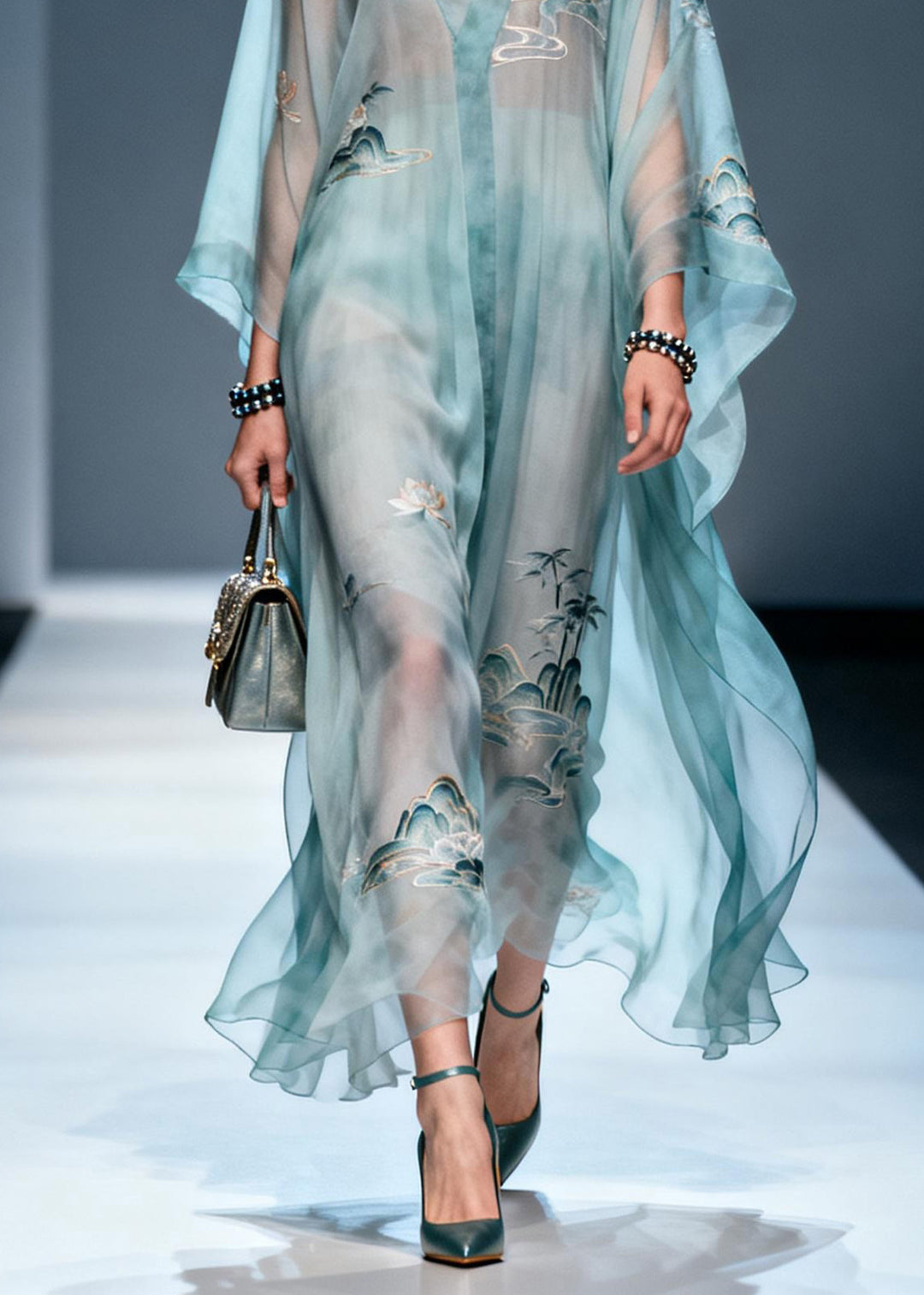 Plus Size V Neck Print Chiffon Long Dress Summer
