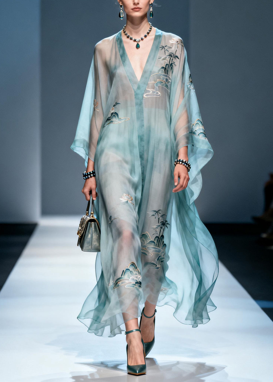 Plus Size V Neck Print Chiffon Long Dress Summer