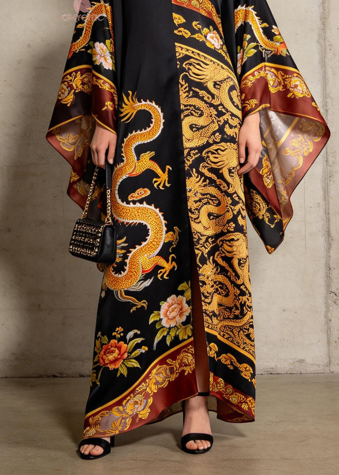Plus Size V Neck Print Chiffon Long Dresses Batwing Sleeve