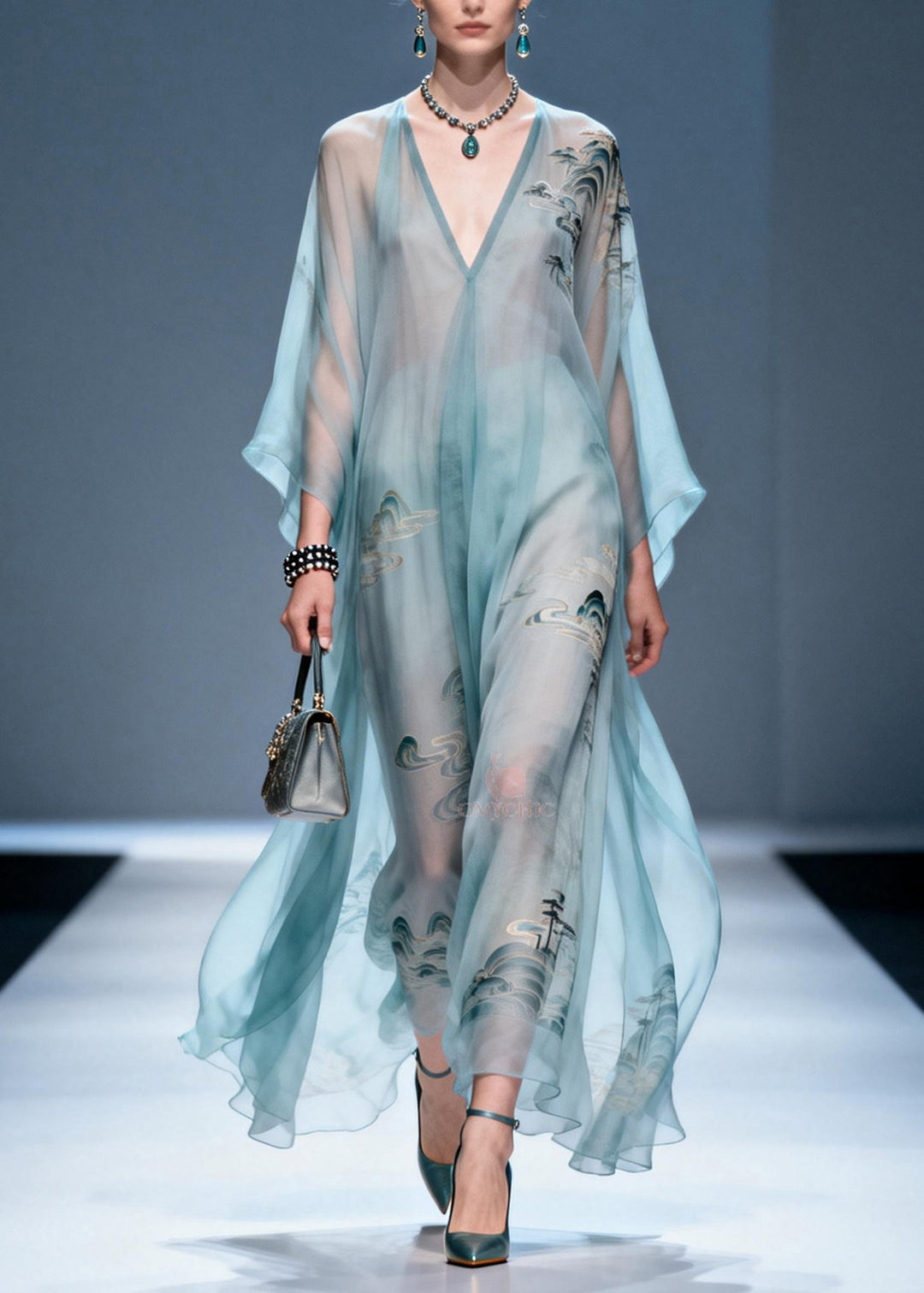 Plus Size V Neck Print Chiffon Long Dresses Summer