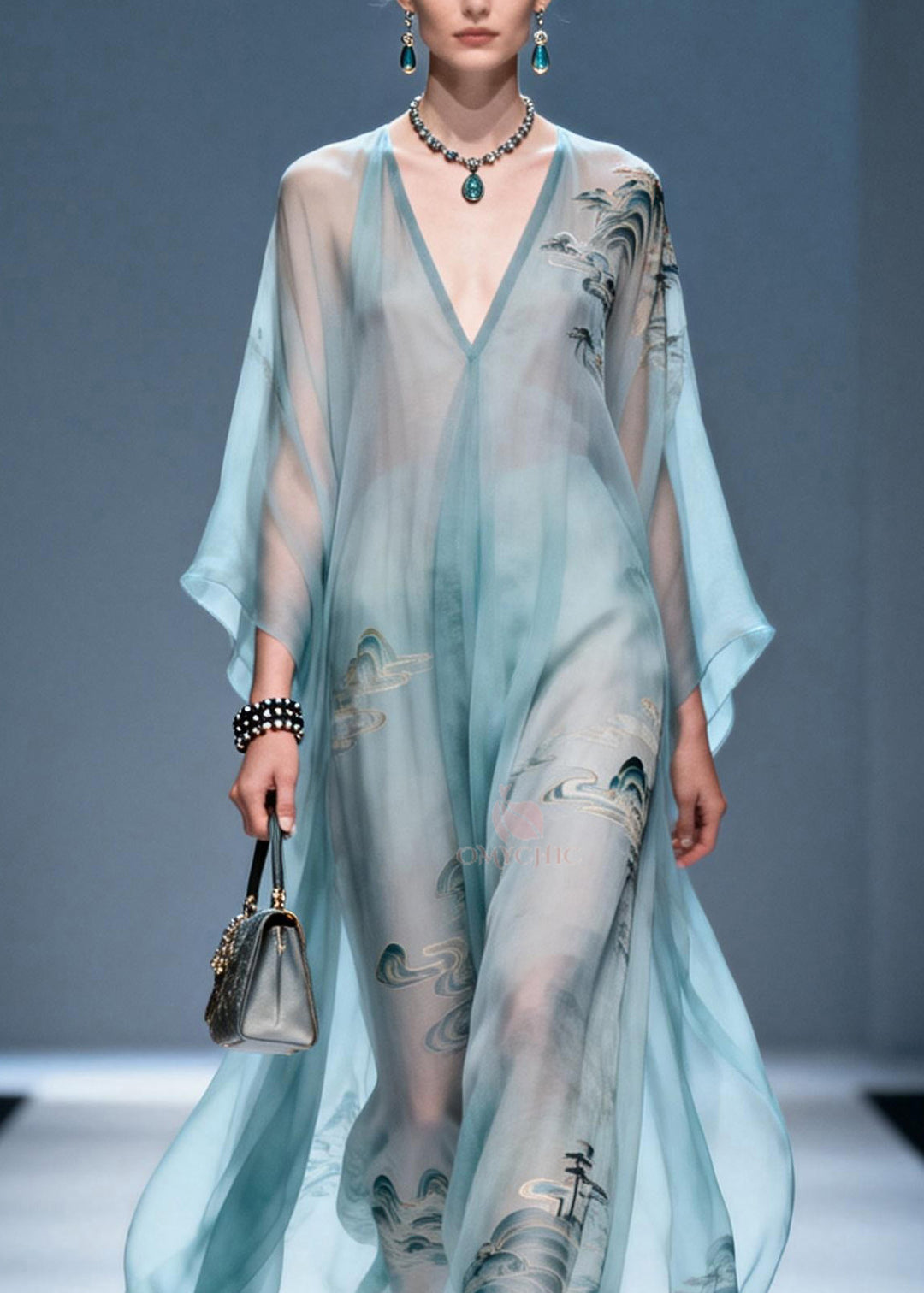 Plus Size V Neck Print Chiffon Long Dresses Summer