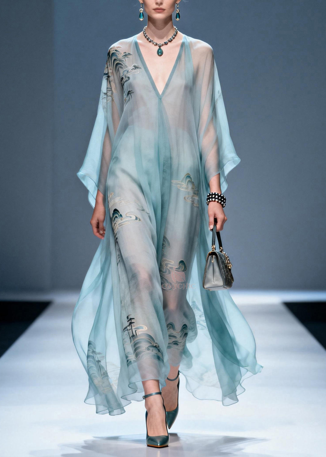 Plus Size V Neck Print Chiffon Long Dresses Summer
