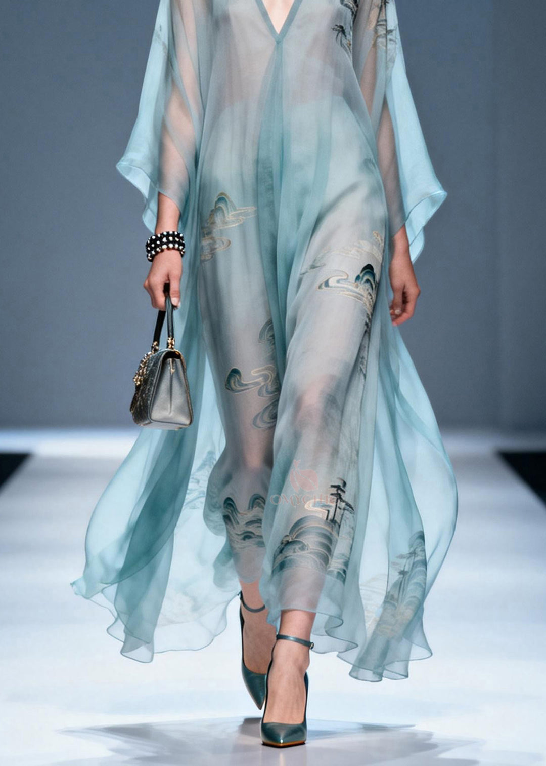 Plus Size V Neck Print Chiffon Long Dresses Summer