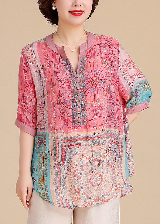 Plus Size V Neck Print Cotton Blouse Tops Summer
