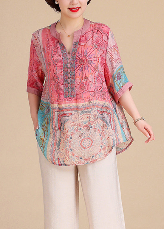 Plus Size V Neck Print Cotton Blouse Tops Summer