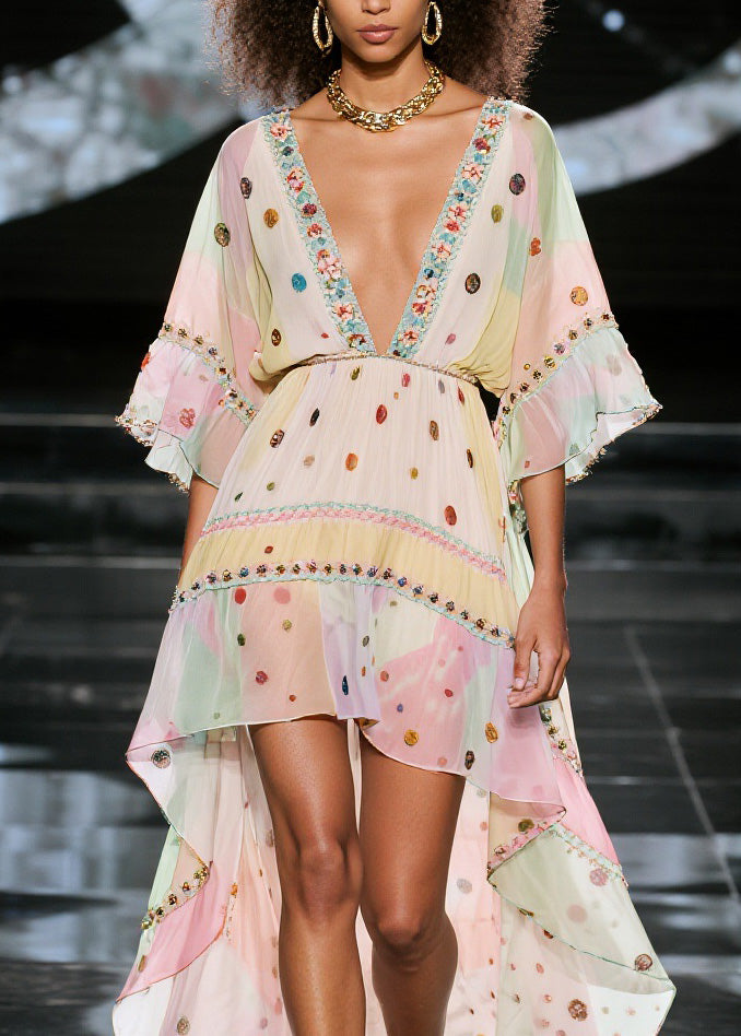 Plus Size V Neck Print Low High Design Chiffon Dresses Summer