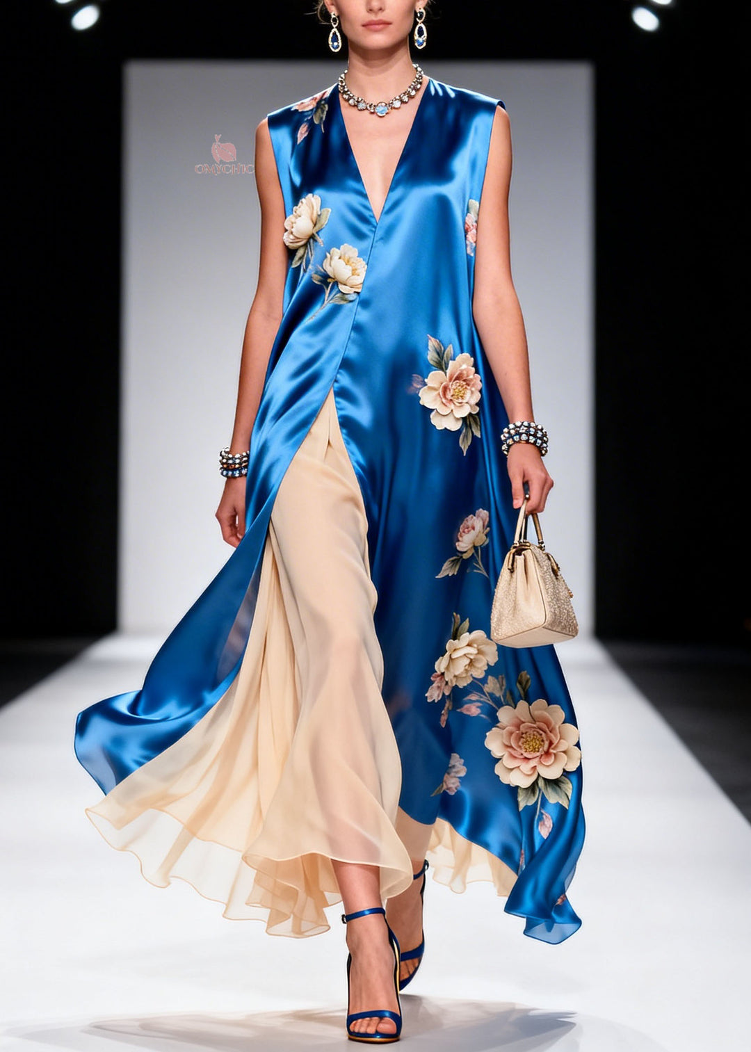Plus Size V Neck Print Patchwork Silk Maxi Dresses Sleeveless