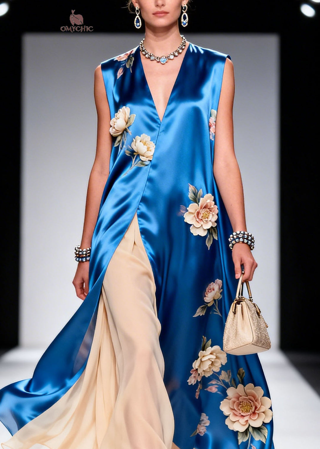 Plus Size V Neck Print Patchwork Silk Maxi Dresses Sleeveless