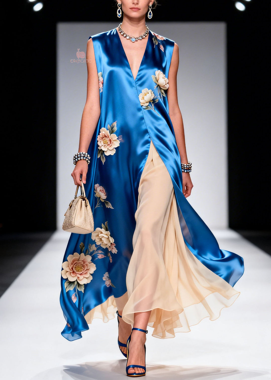 Plus Size V Neck Print Patchwork Silk Maxi Dresses Sleeveless