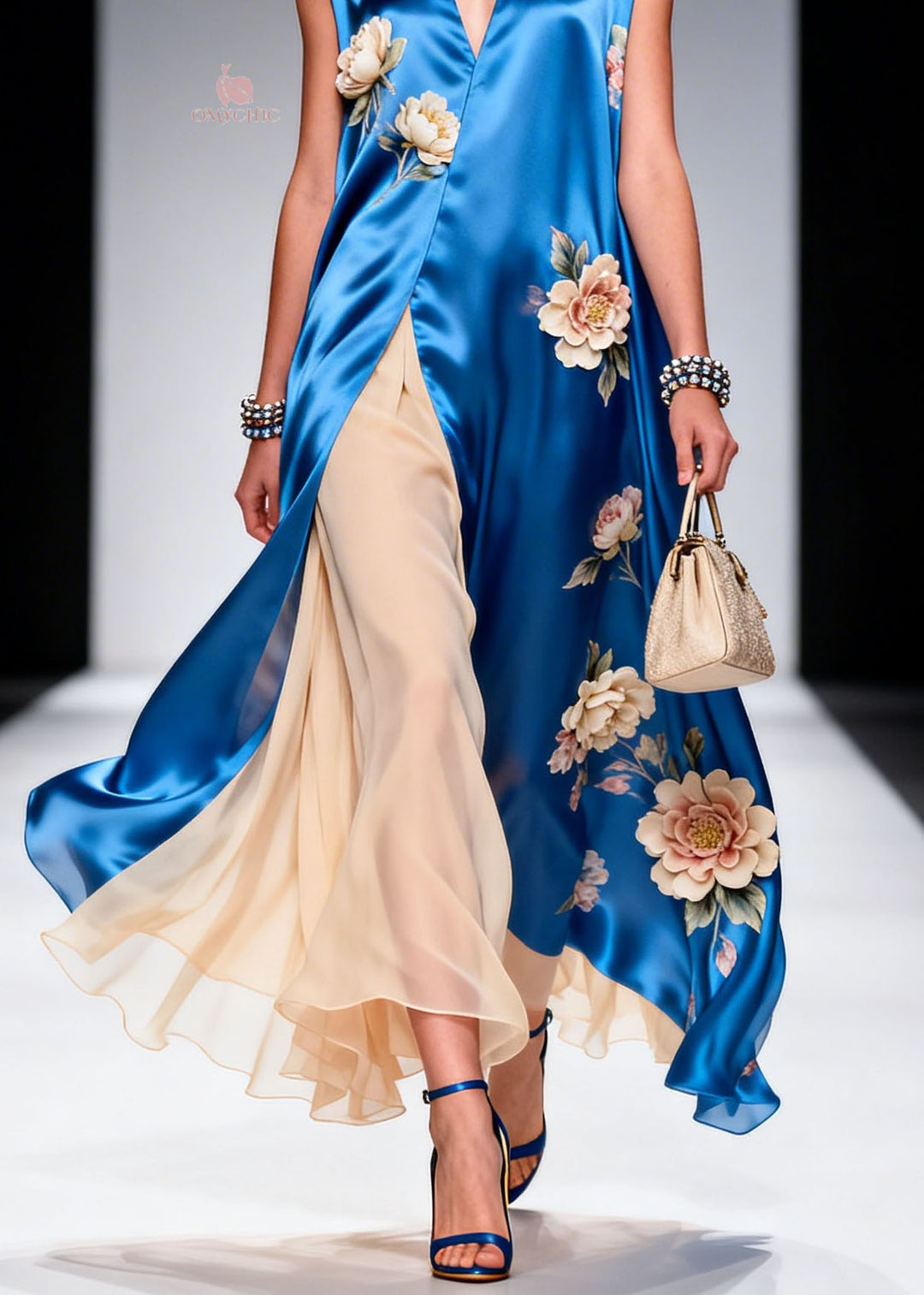 Plus Size V Neck Print Patchwork Silk Maxi Dresses Sleeveless