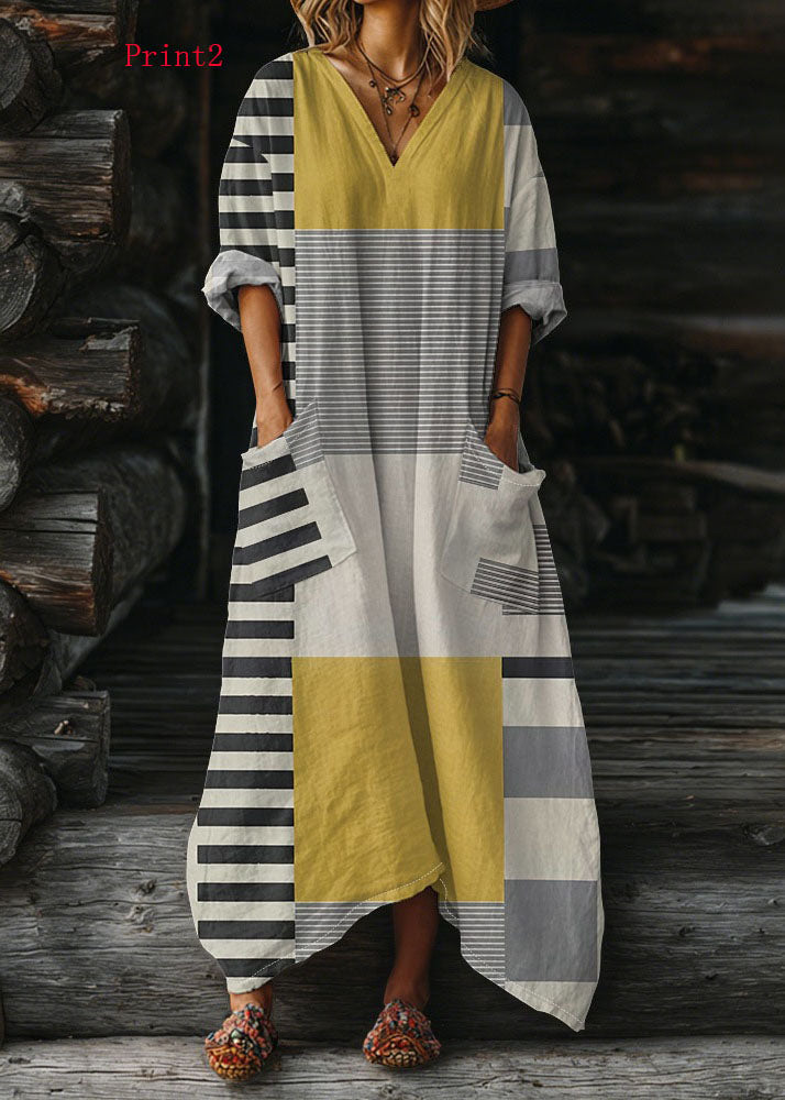 Plus Size V Neck Print Pockets Cotton Long Dress Summer