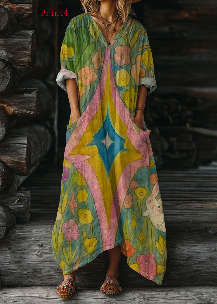 Plus Size V Neck Print Pockets Cotton Long Dress Summer