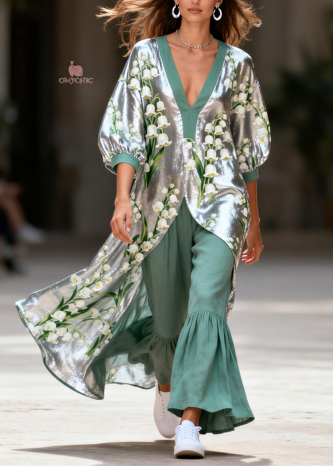Plus Size V Neck Print Silk Top And Linen Pants Two Pieces Set Summer
