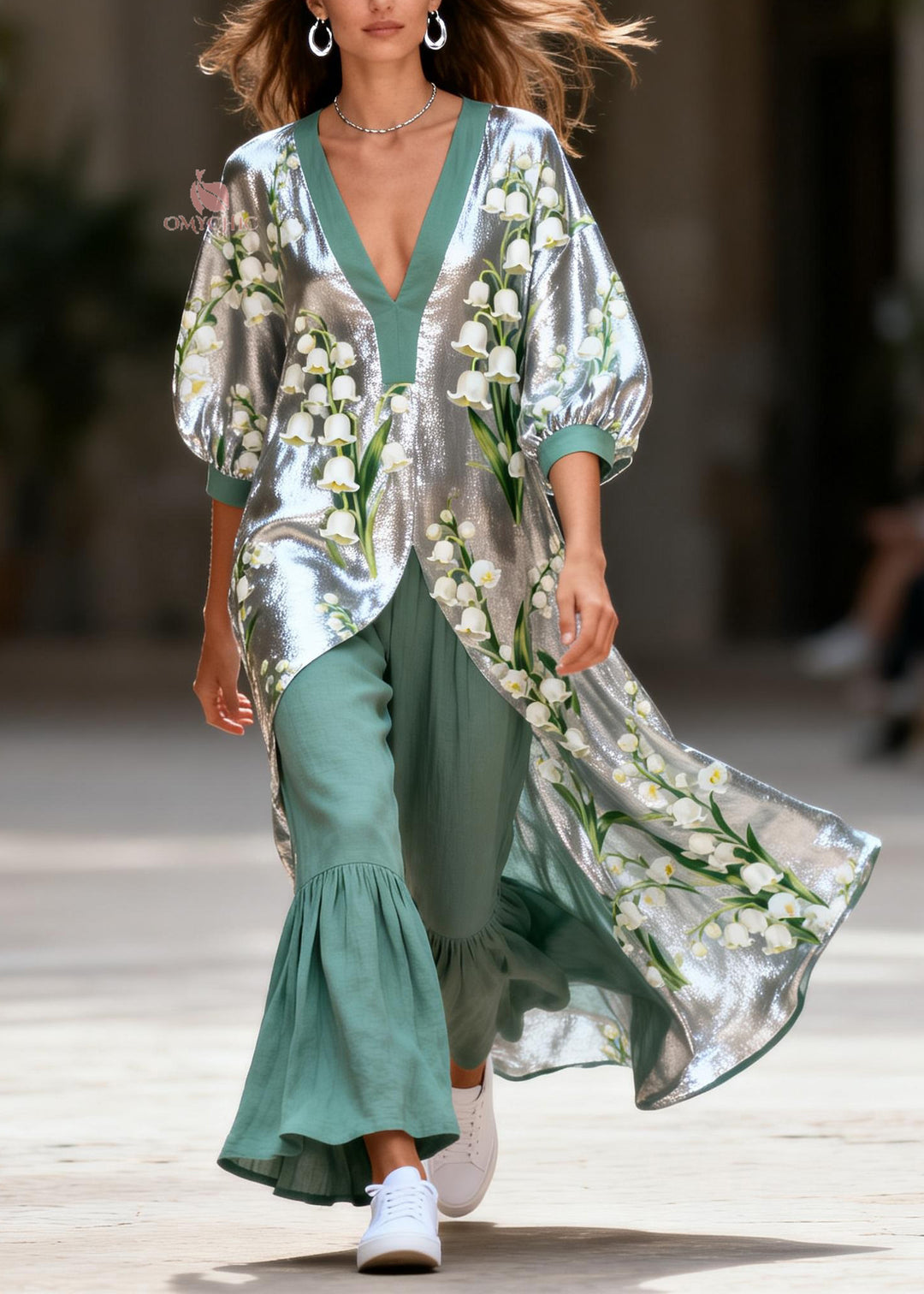Plus Size V Neck Print Silk Top And Linen Pants Two Pieces Set Summer
