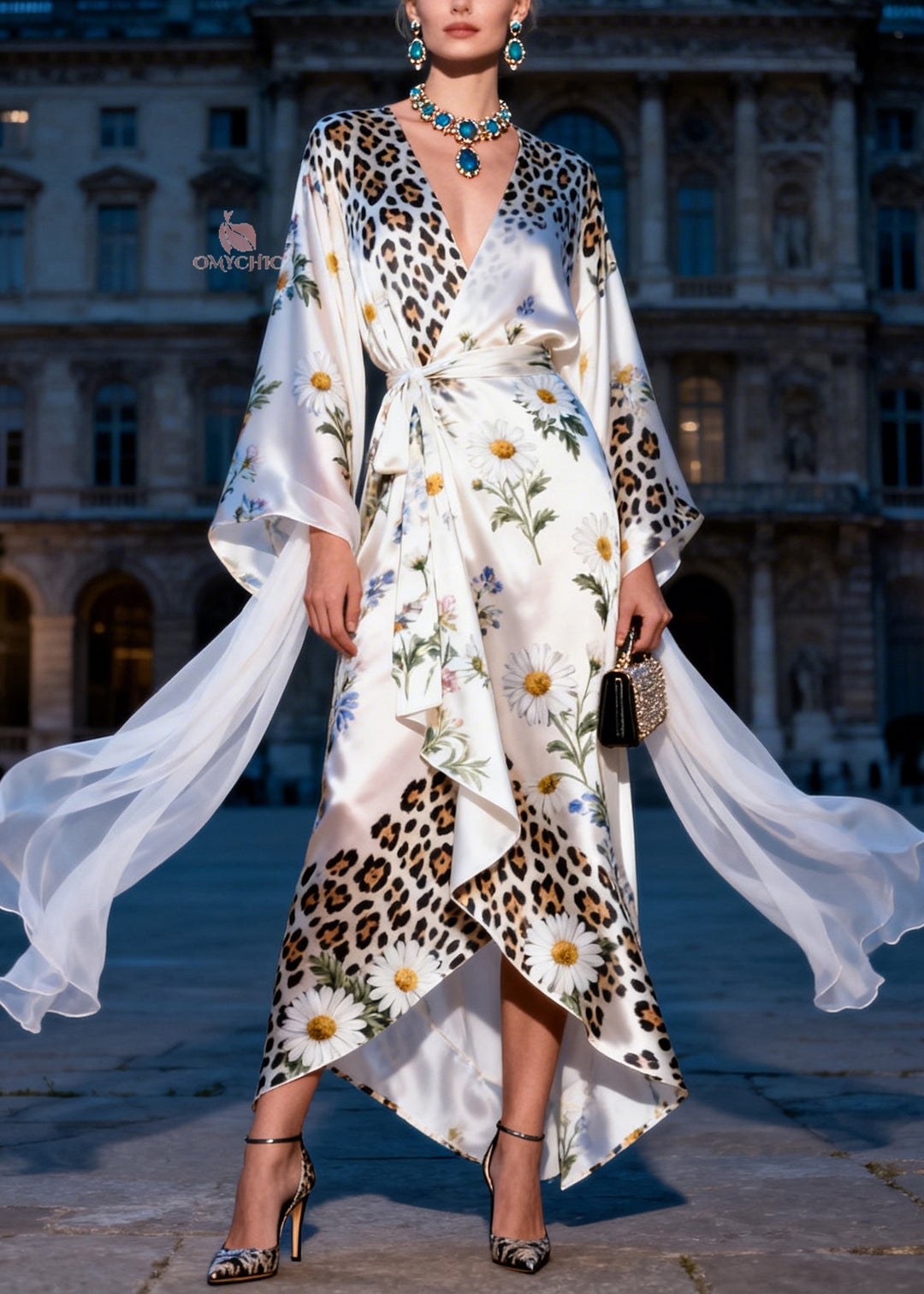 Plus Size V Neck Print Tie Waist Silk Maxi Dresses Summer