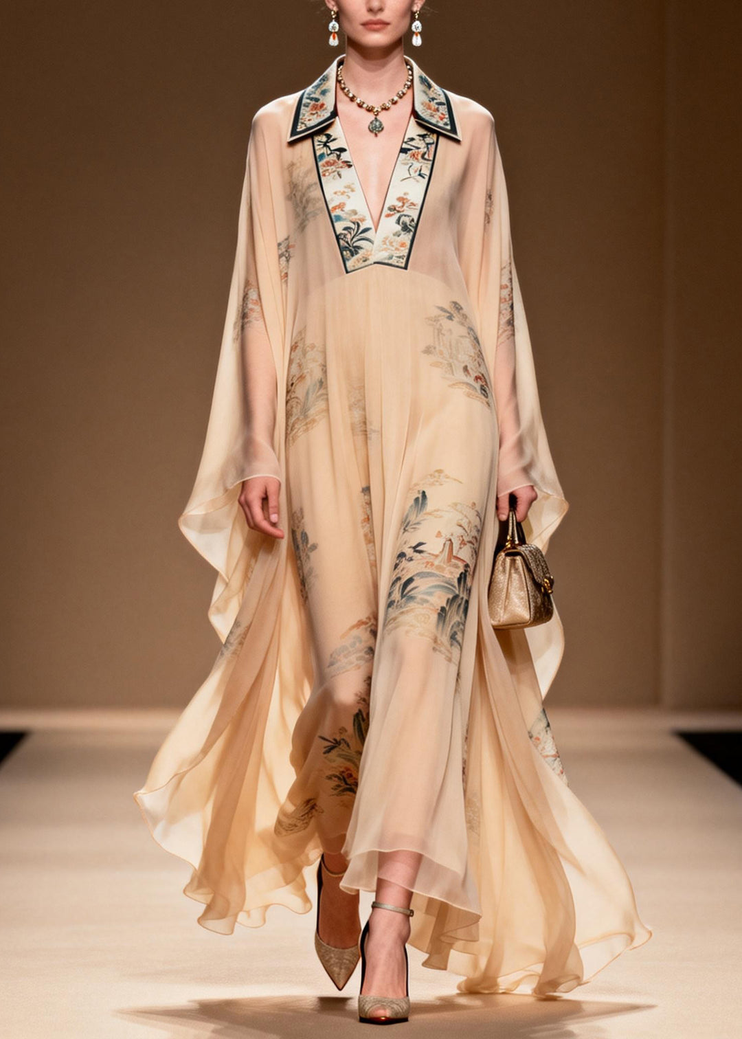 Plus Size V Neck Print Wrinkled Chiffon Dress Spring