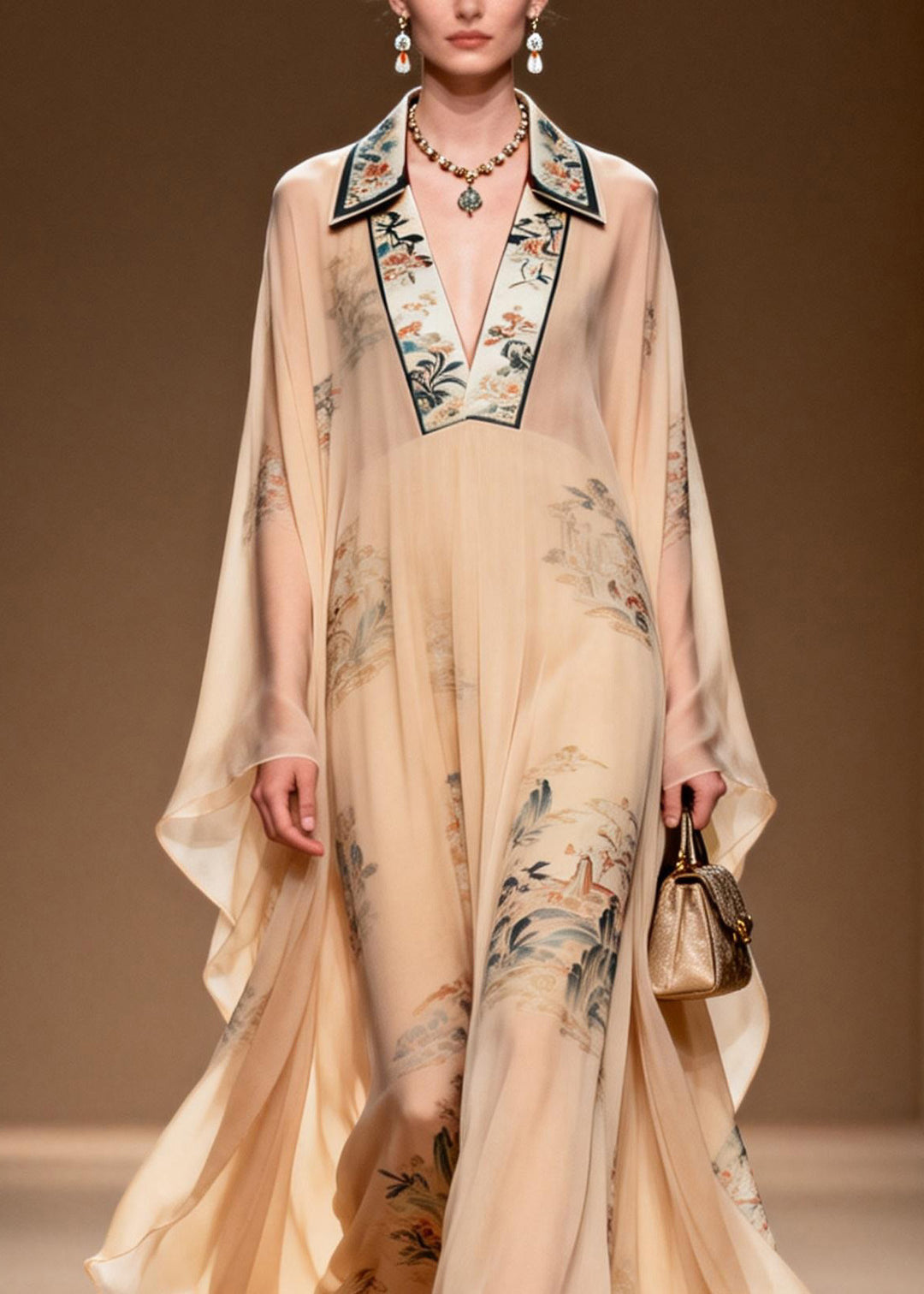Plus Size V Neck Print Wrinkled Chiffon Dress Spring