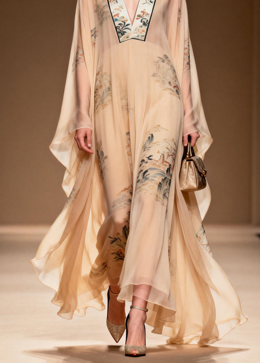 Plus Size V Neck Print Wrinkled Chiffon Dress Spring