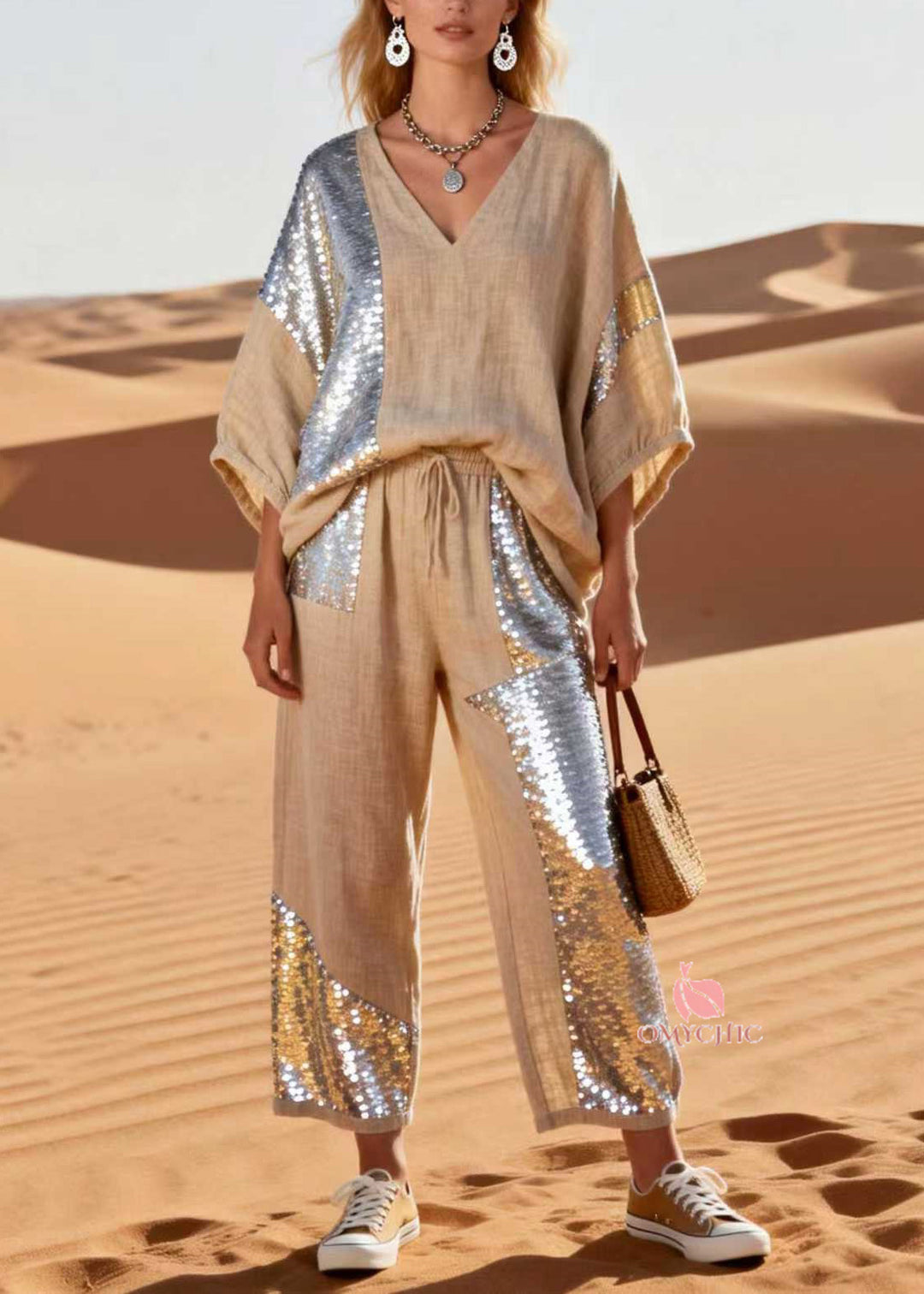 Plus Size V Neck Sequins Patchwork Linen Two Piece Set Spring