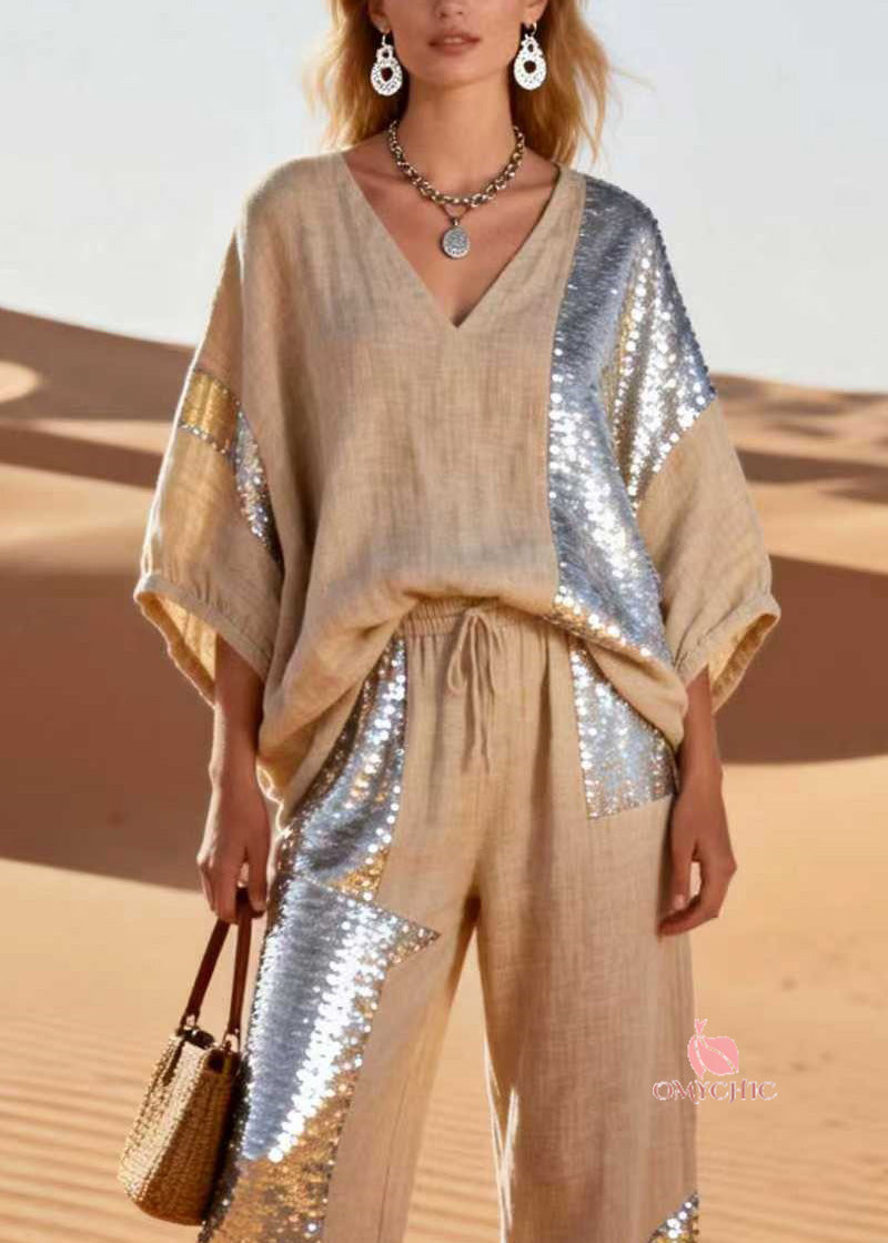 Plus Size V Neck Sequins Patchwork Linen Two Piece Set Spring