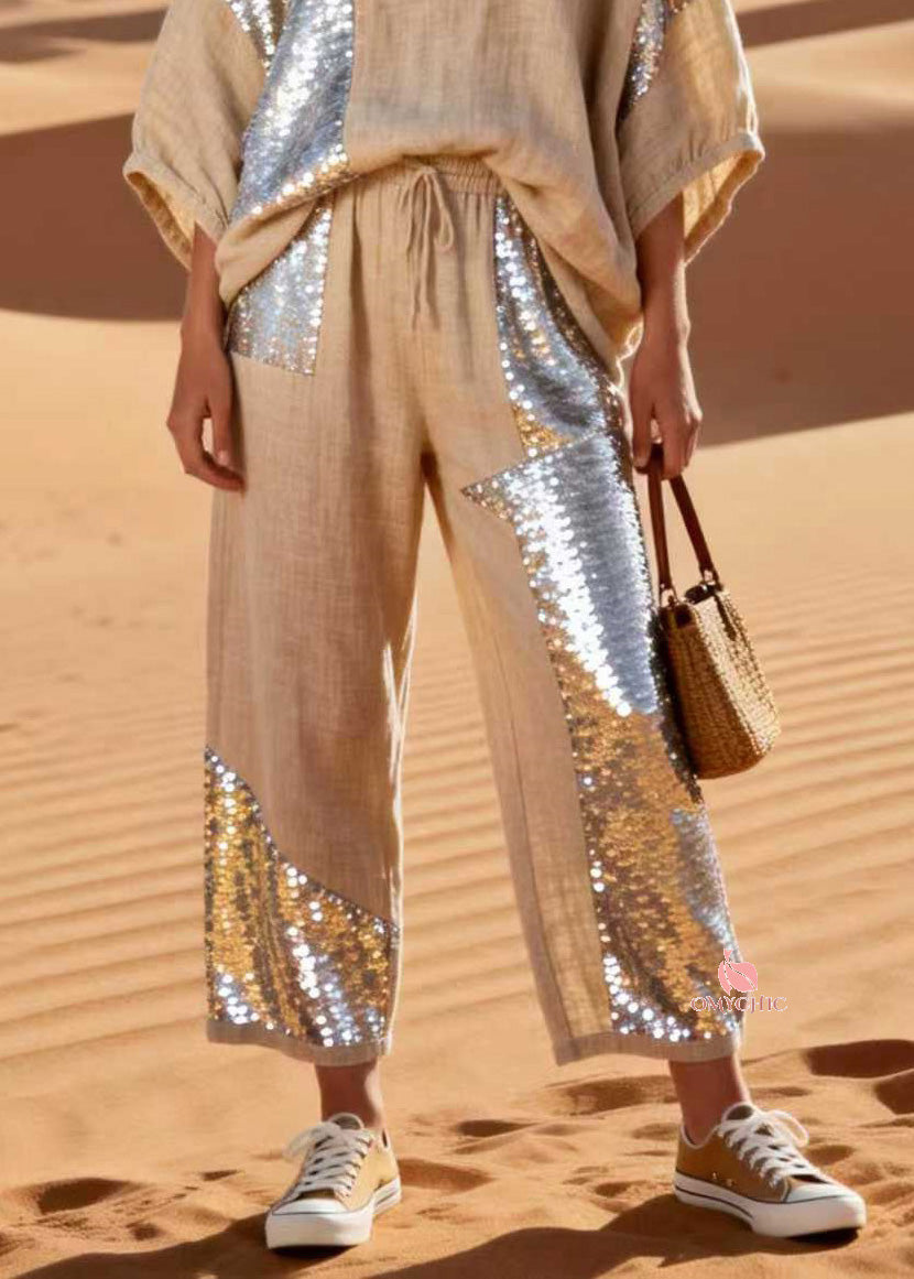 Plus Size V Neck Sequins Patchwork Linen Two Piece Set Spring