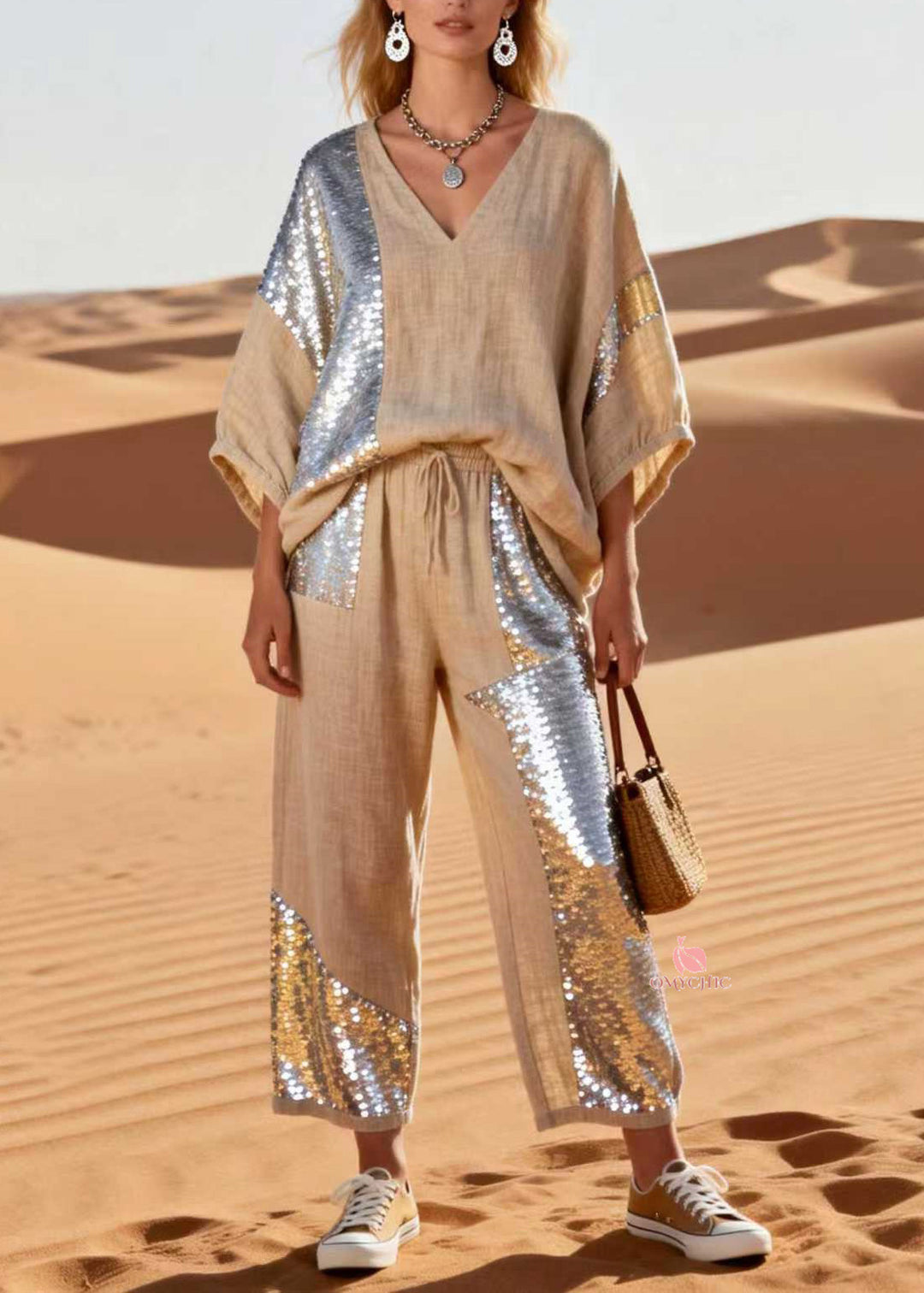 Plus Size V Neck Sequins Patchwork Linen Two Piece Set Spring
