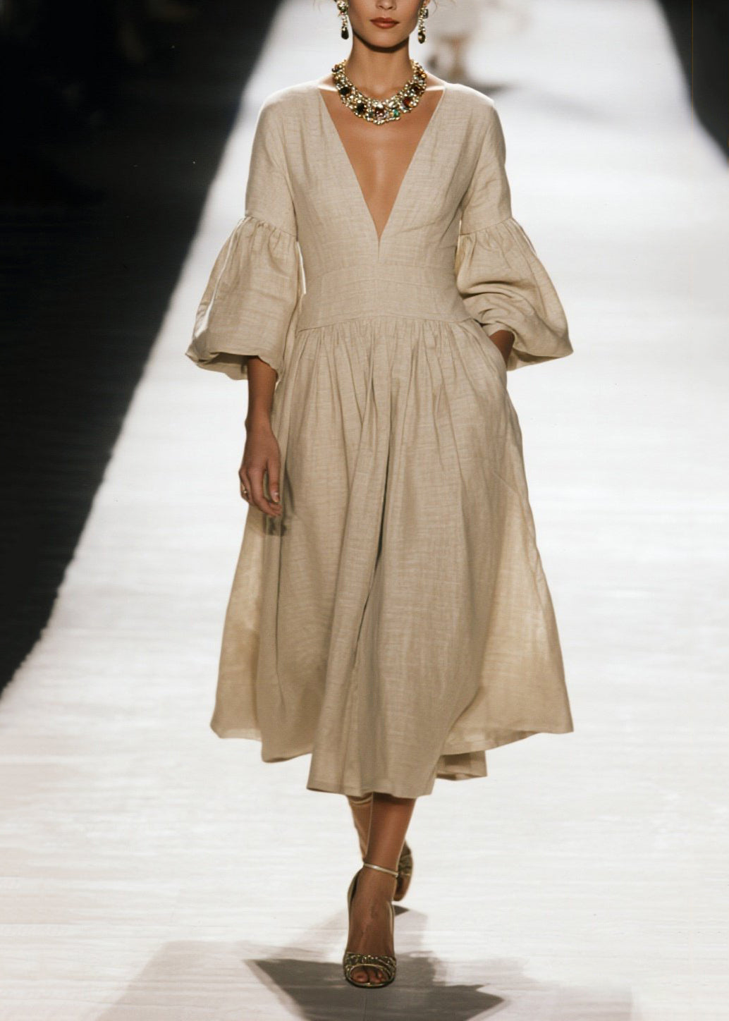 Plus Size V Neck Wrinkled Patchwork Cotton Dress Fall