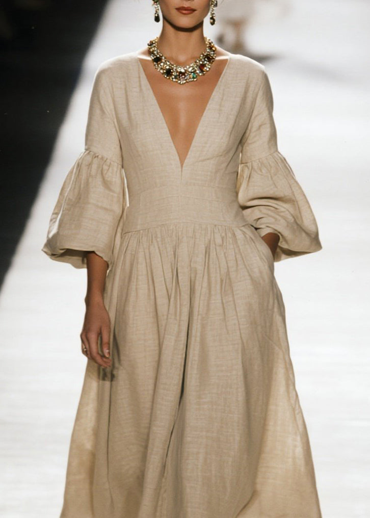 Plus Size V Neck Wrinkled Patchwork Cotton Dress Fall