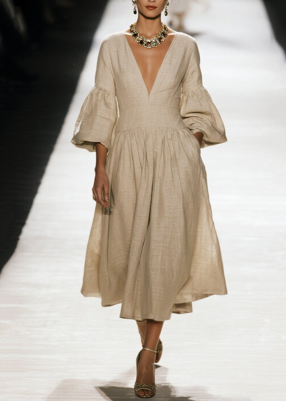 Plus Size V Neck Wrinkled Patchwork Cotton Dress Fall