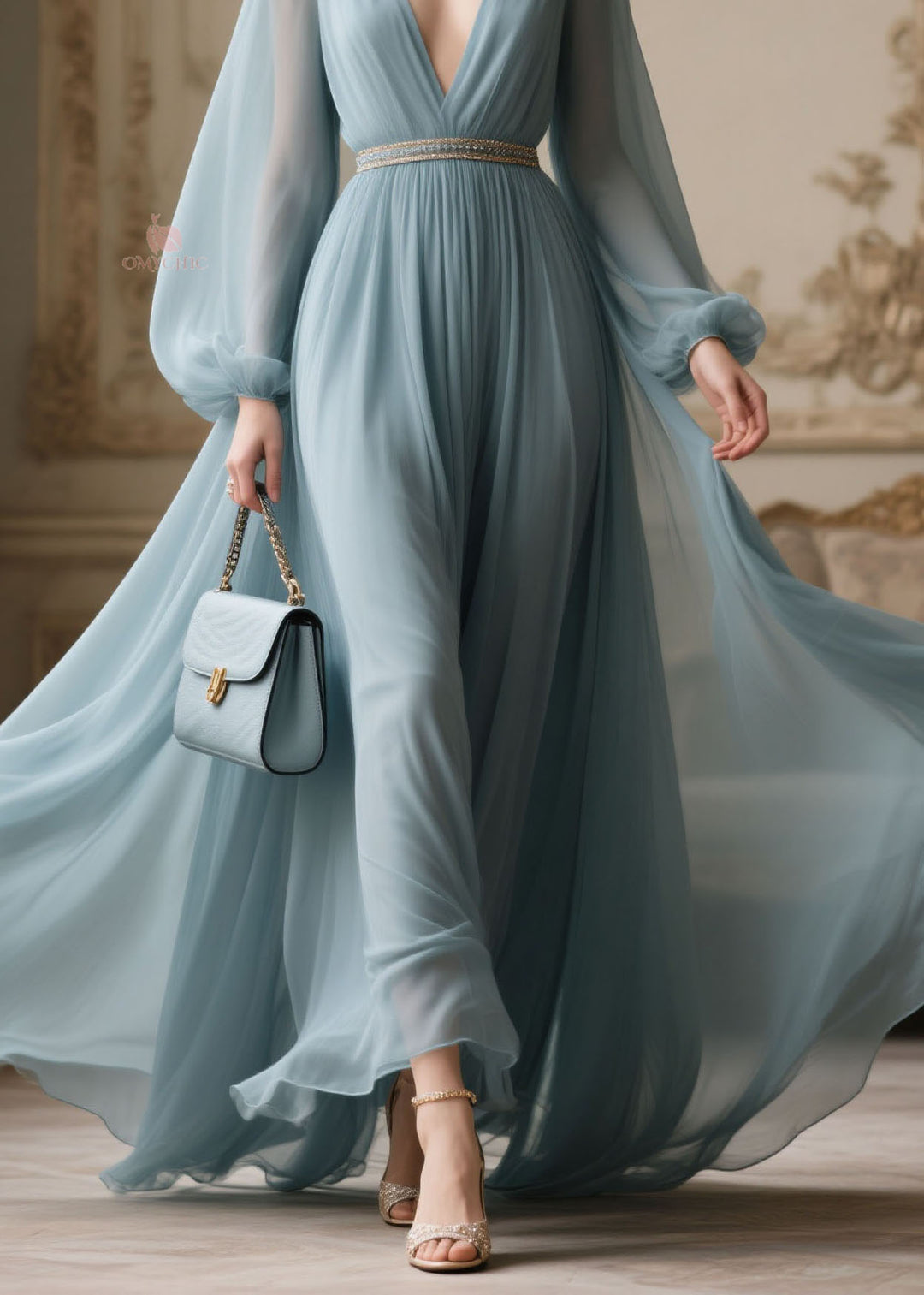 Plus Size V Neck Zircon Patchwork Chiffon Dresses Spring