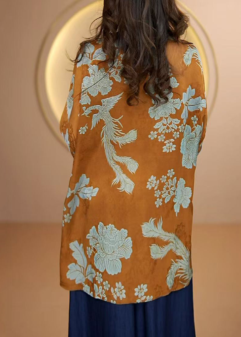 Plus Size Vintage Navy O Neck Print Silk Shirt Tops Fall