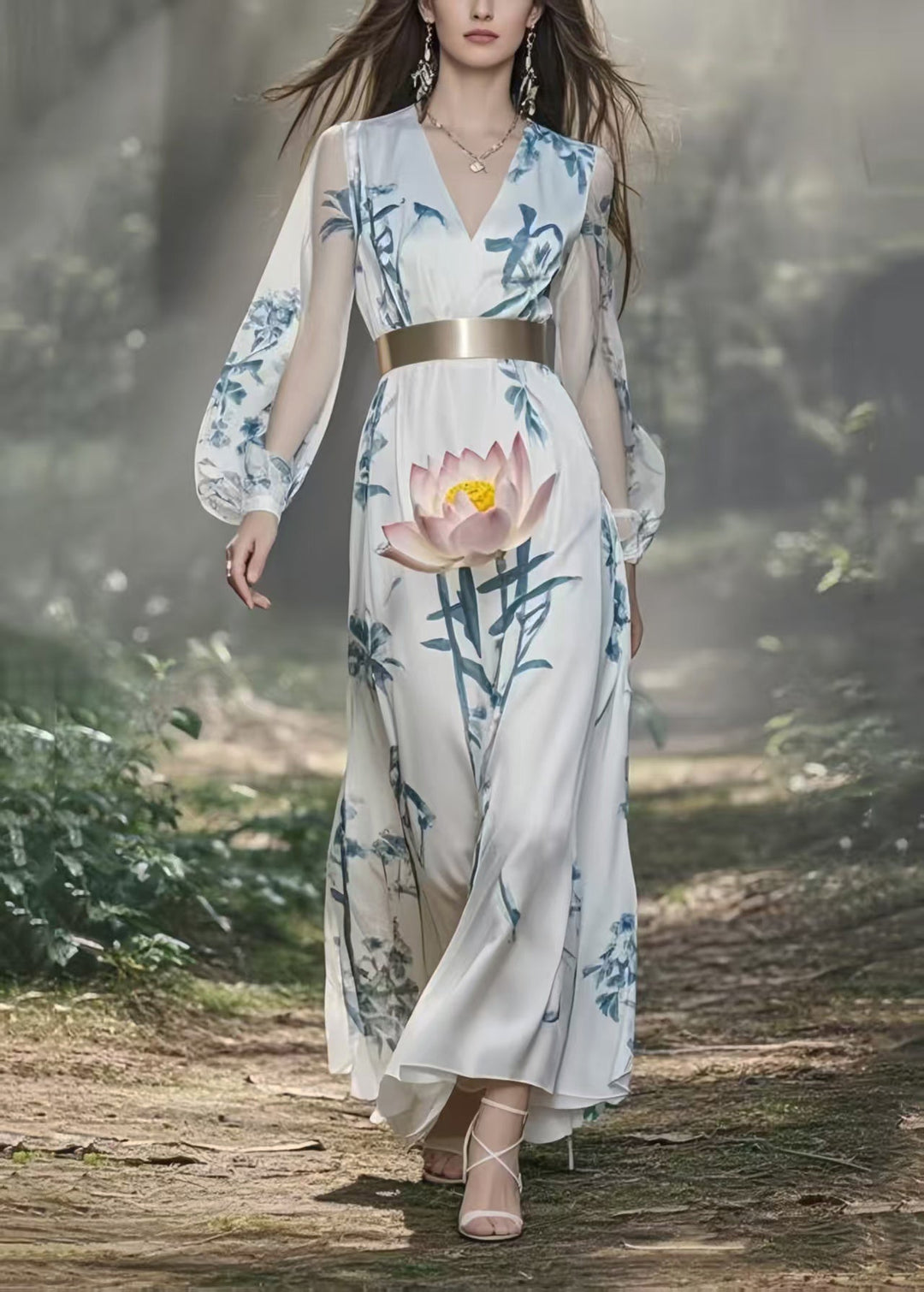 Plus Size White Cinched Lotus Print Silk Holiday Dress Spring