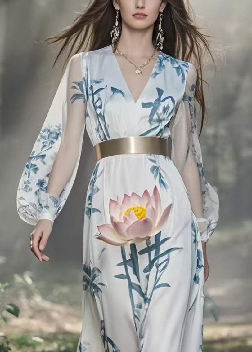Plus Size White Cinched Lotus Print Silk Holiday Dress Spring