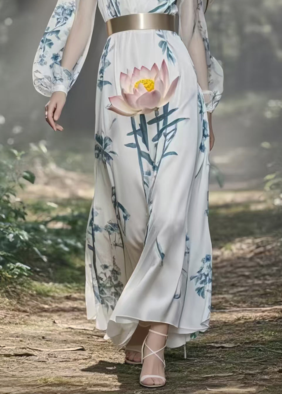 Plus Size White Cinched Lotus Print Silk Holiday Dress Spring