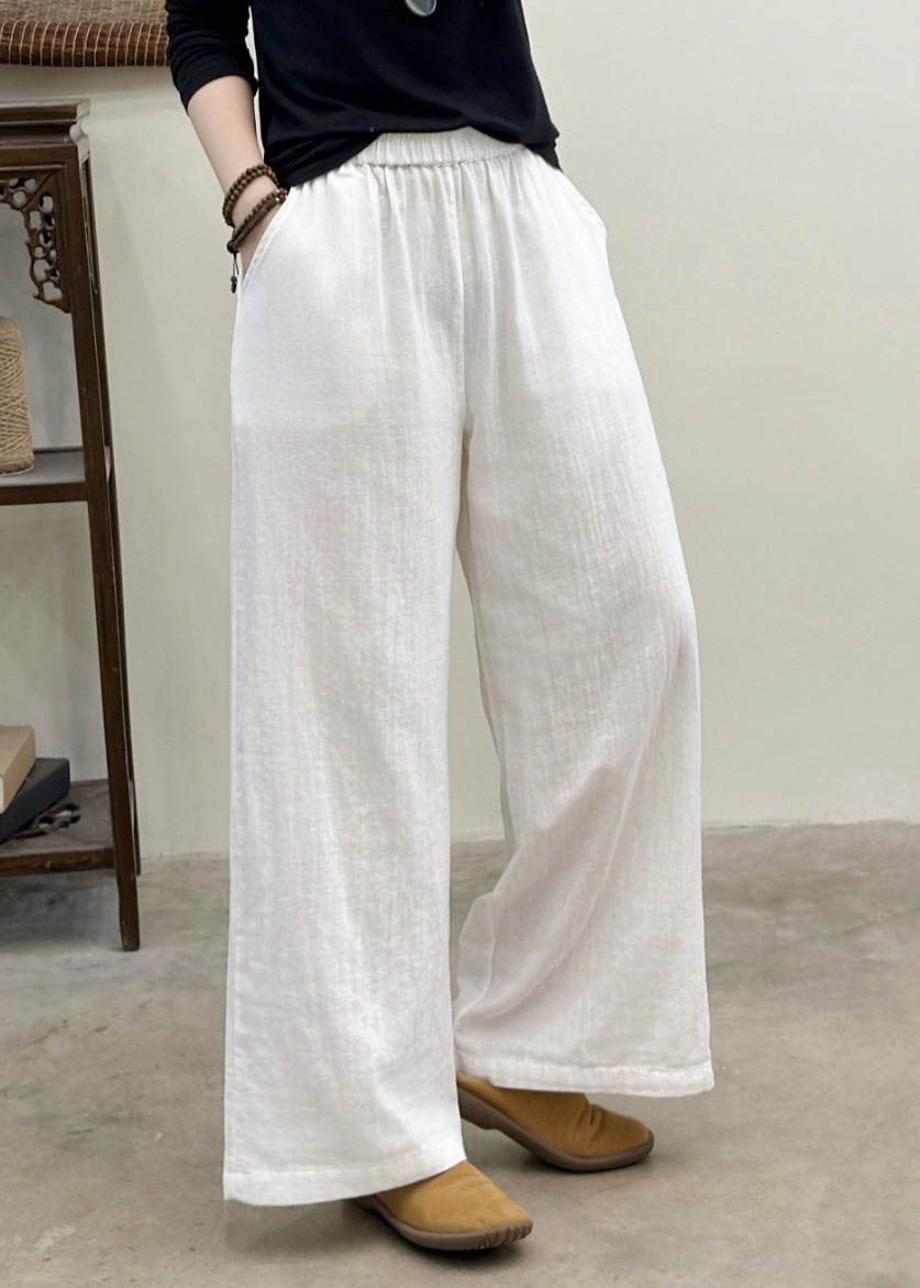 Plus Size White Elastic Waist Linen Straight Pants Summer