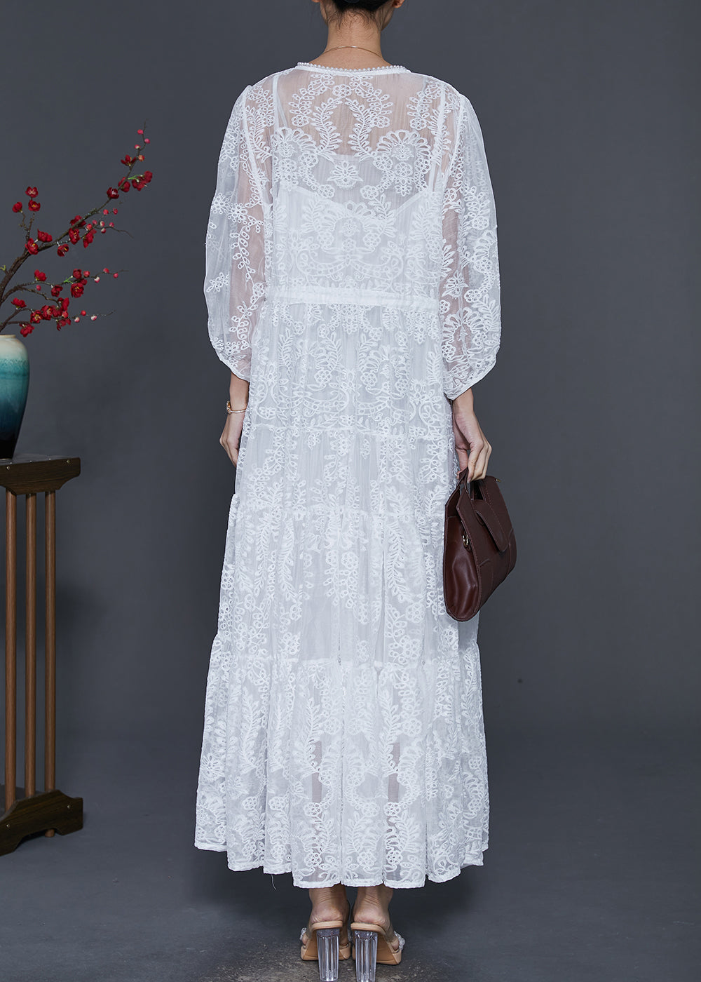 Plus Size White Embroidered Lace Maxi Dresses Spring