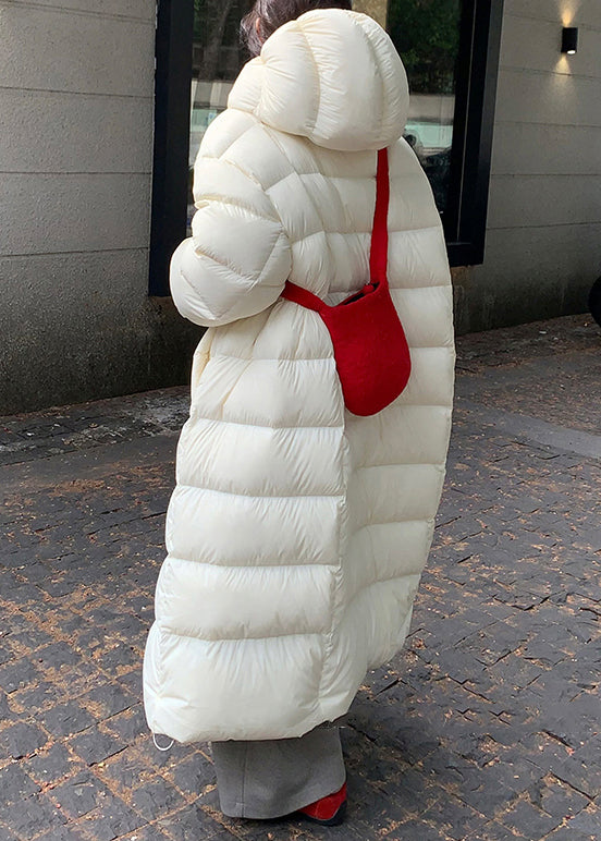 Plus Size White Hooded Zippered Pockets Duck Down Long Coat Winter