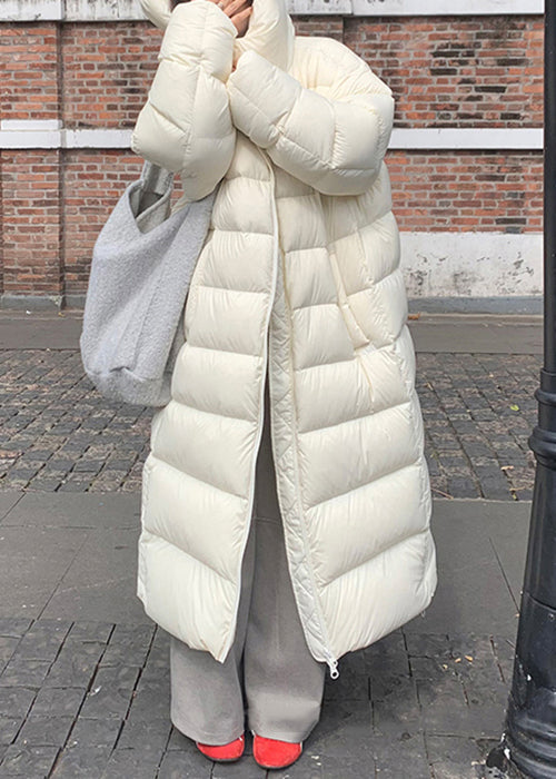 Plus Size White Hooded Zippered Pockets Duck Down Long Coat Winter