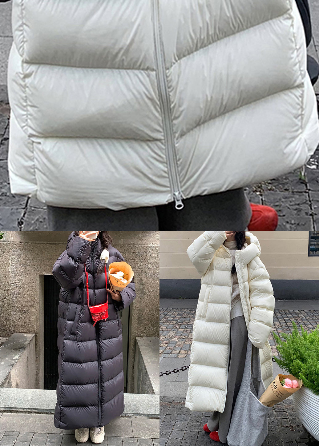 Plus Size White Hooded Zippered Pockets Duck Down Long Coat Winter