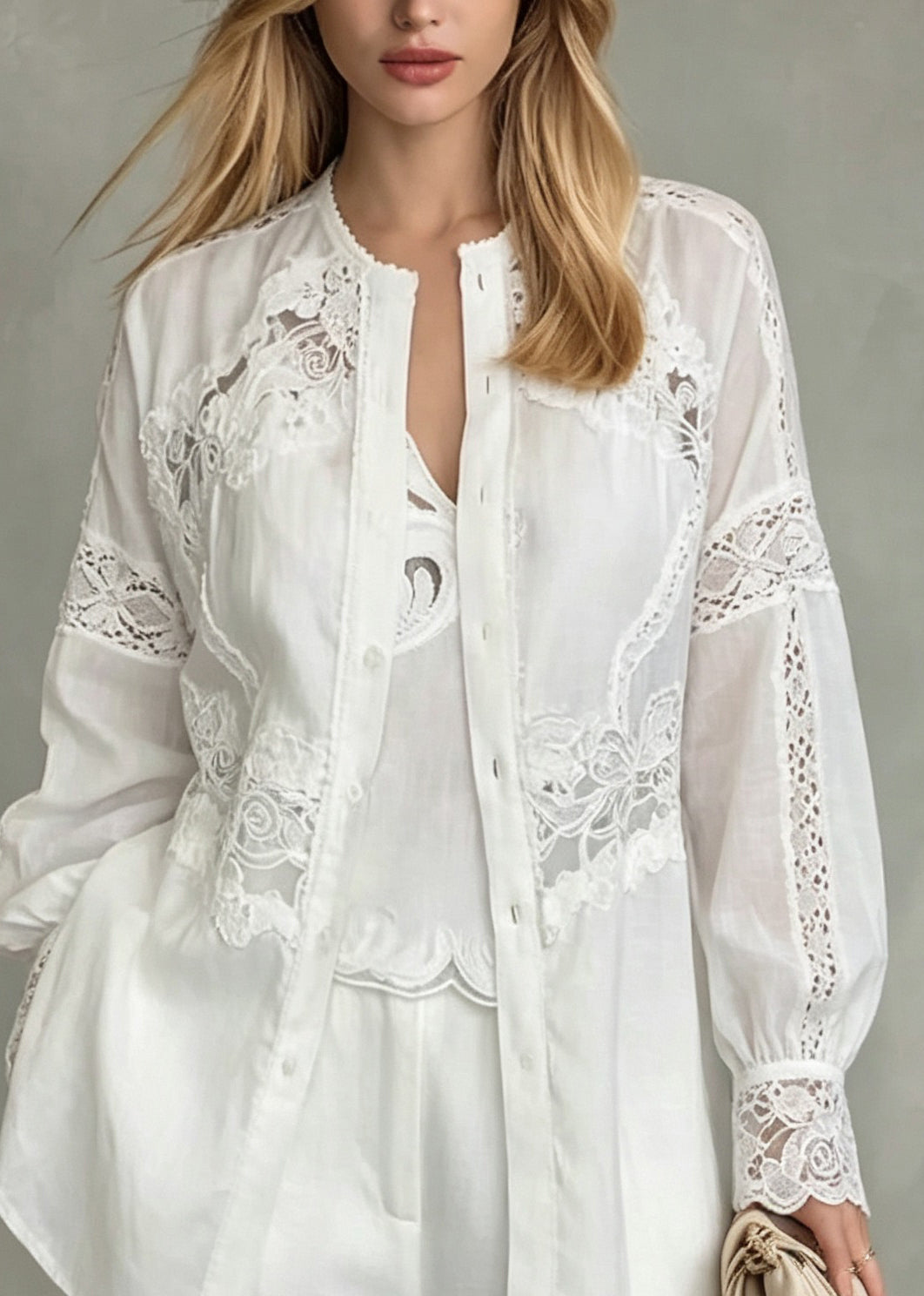 Plus Size White O Neck Hollow Out Patchwork Cotton Shirt Top Fall